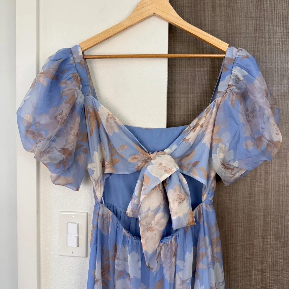 Abercrombie & Fitch Emerson Drama Bow Back Maxi Dress Blue Floral Print Medium